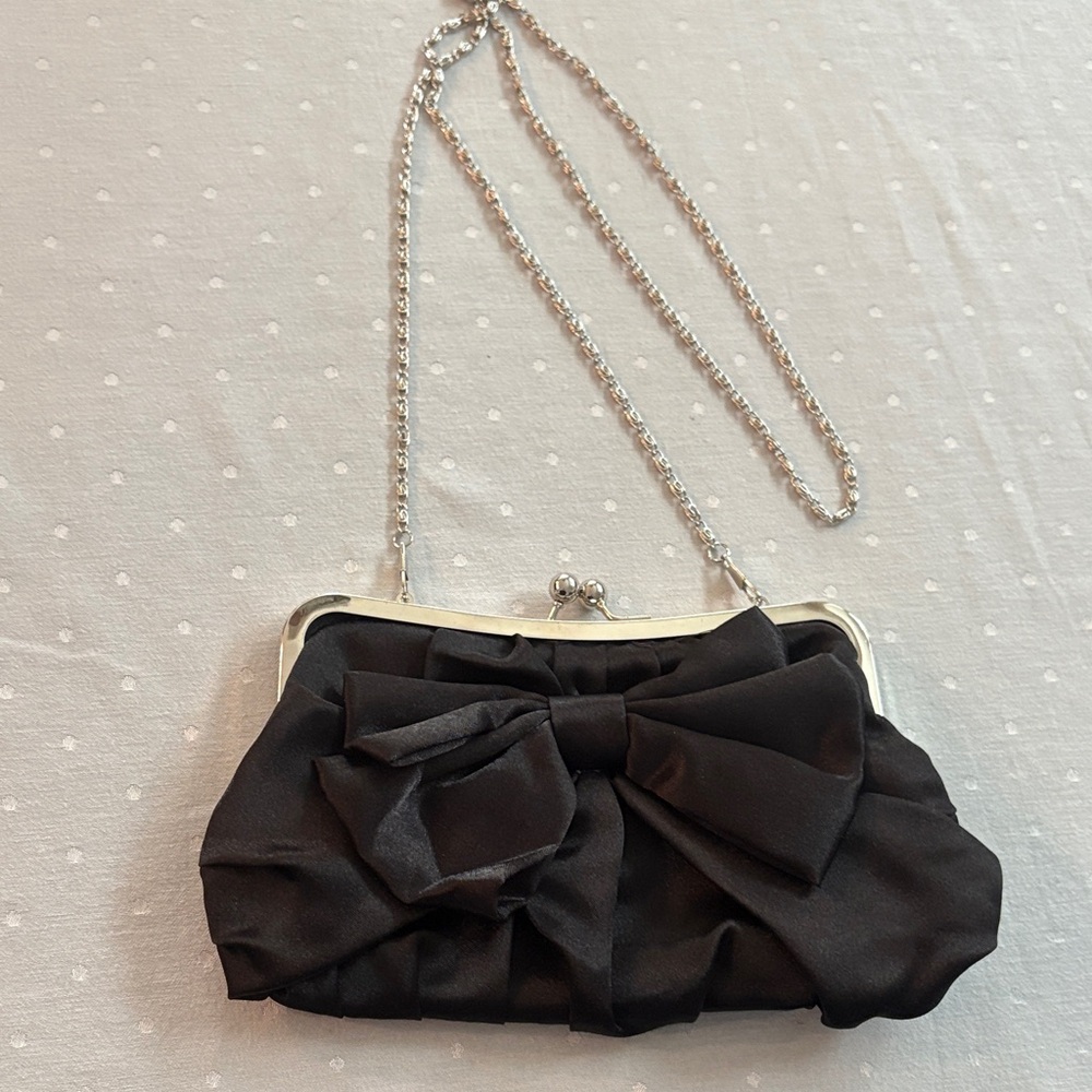 Chic Black Satin Clutch with Bow Accent